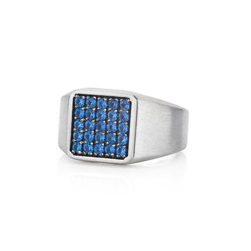 Square Silver Signet Ring Blue Sapphire CZ Multi Stone