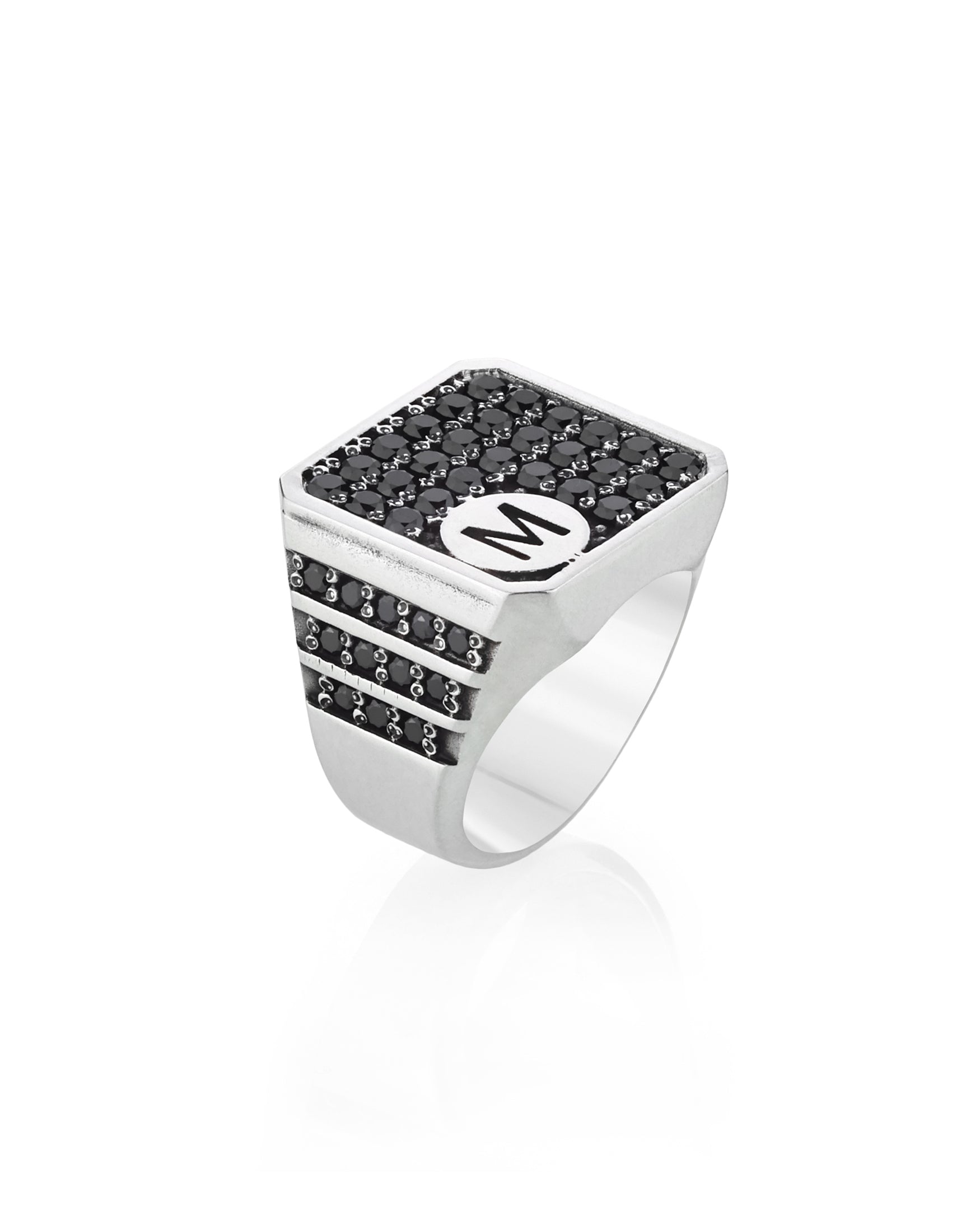 Chunky Silver Letter Signet Ring with Black Stones