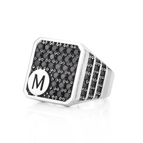 Chunky Silver Letter Signet Ring with Black Stones