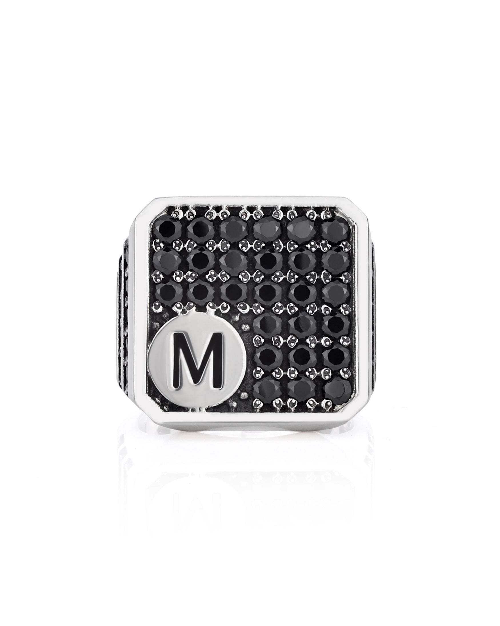 Chunky Silver Letter Signet Ring with Black Stones