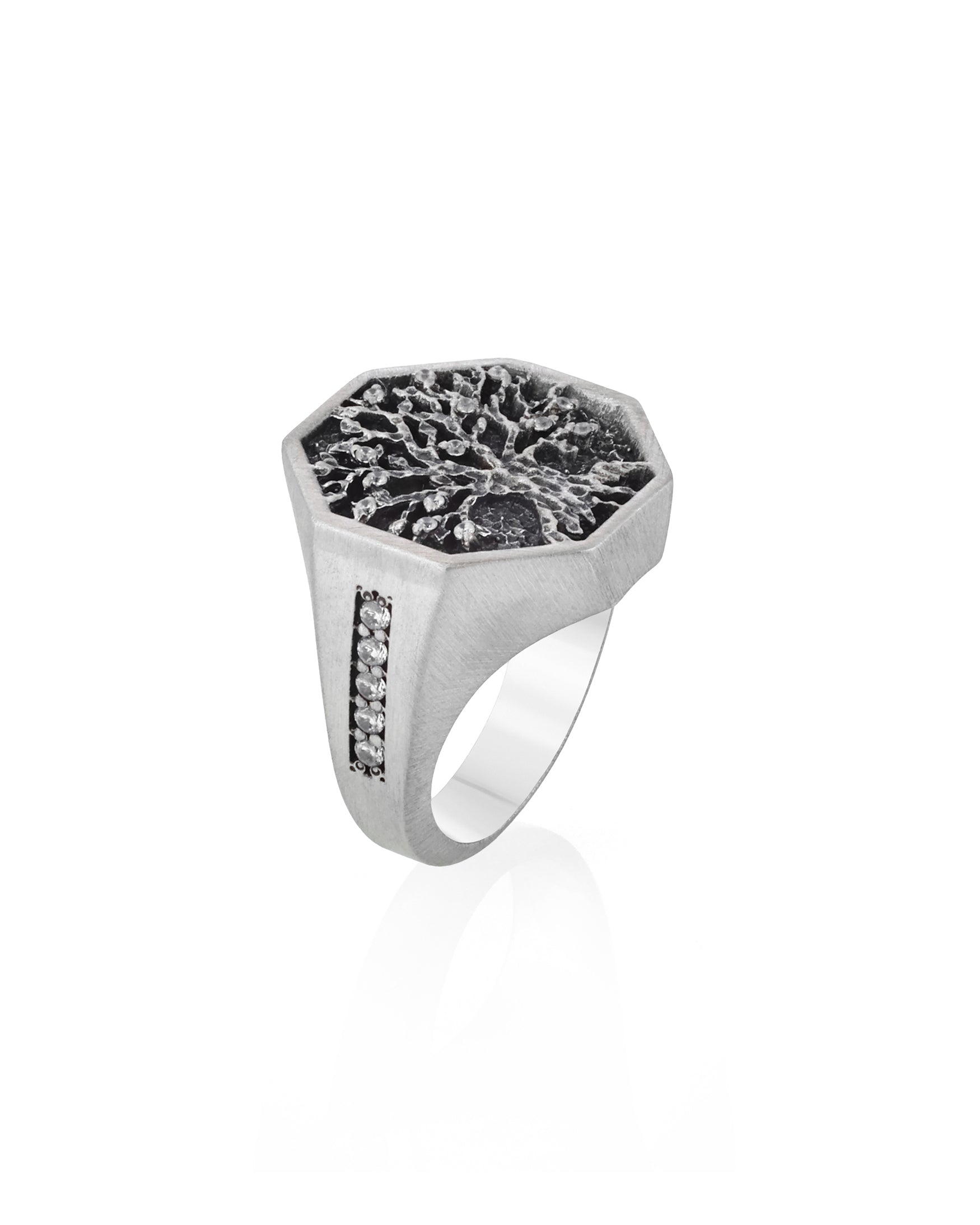 Celtic Tree of Life Octagon Signet Ring with White Gems