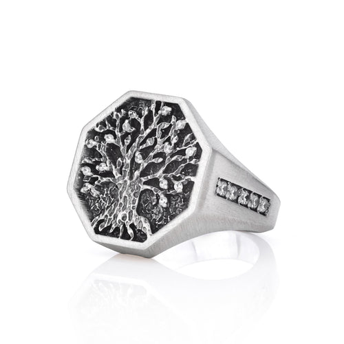 Celtic Tree of Life Octagon Signet Ring with White Gems