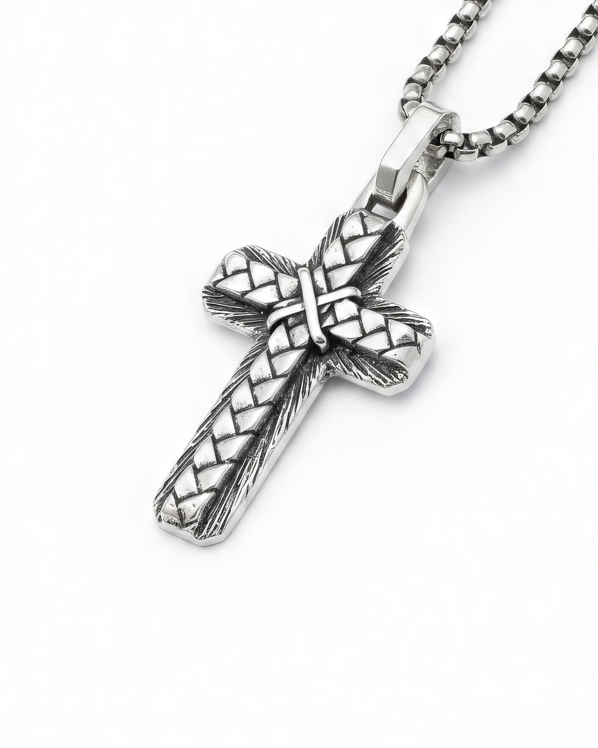 Layered Silver Cross Pendant Braided and Wood Texture