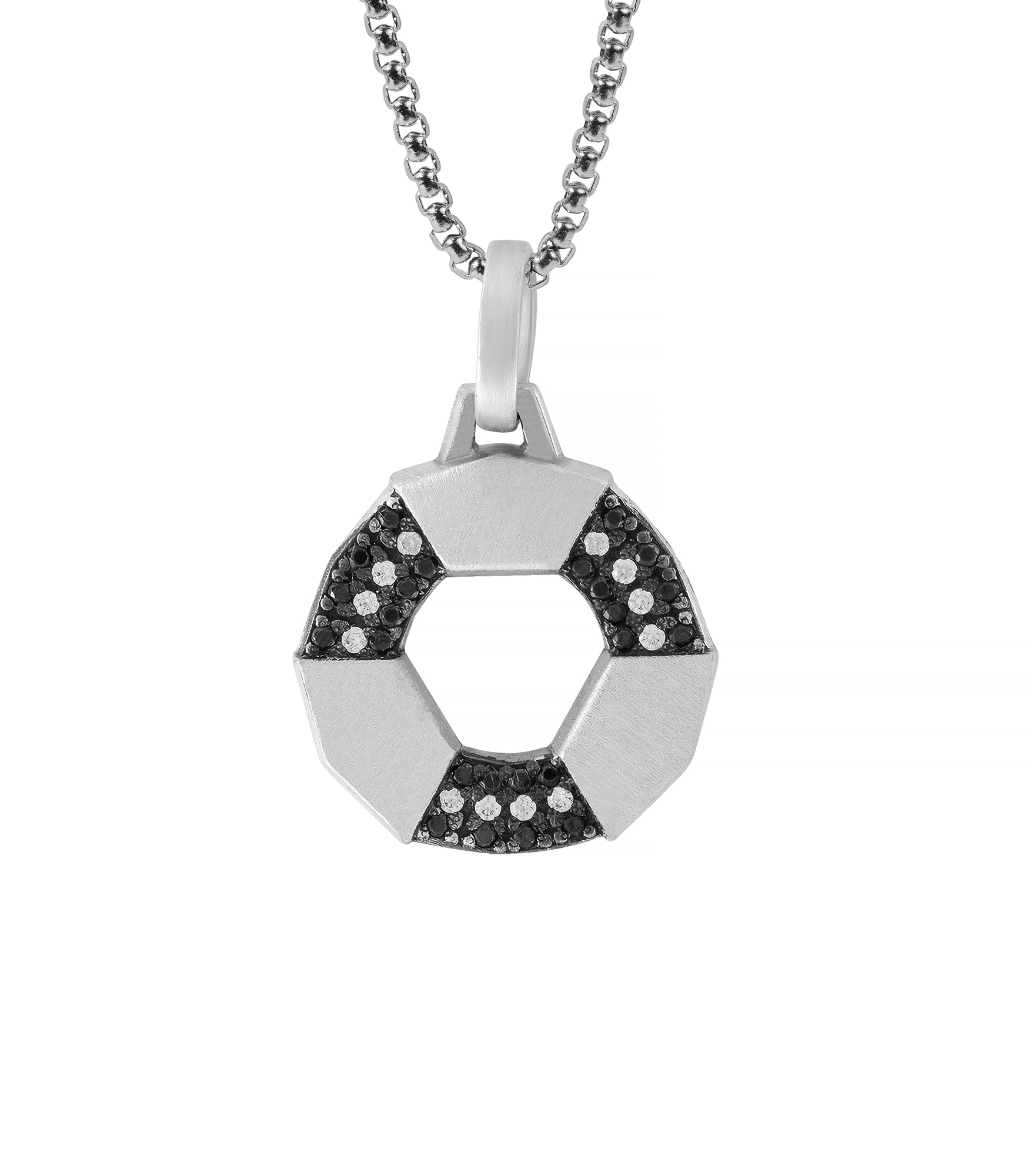 Men's Open Round Pendant Necklace Black & White Stones