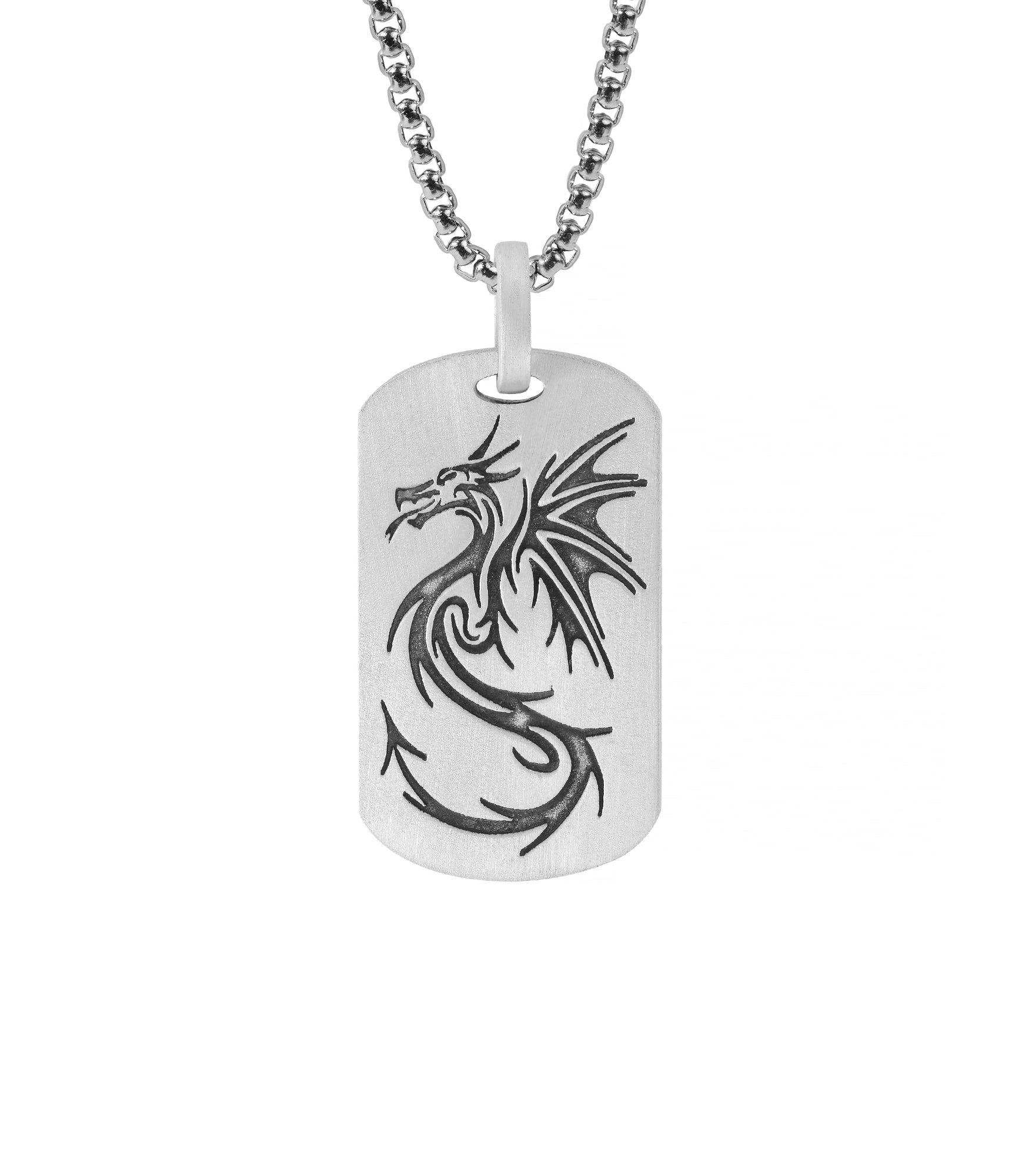 Engraved Dragon Tag Pendant for Men in Silver