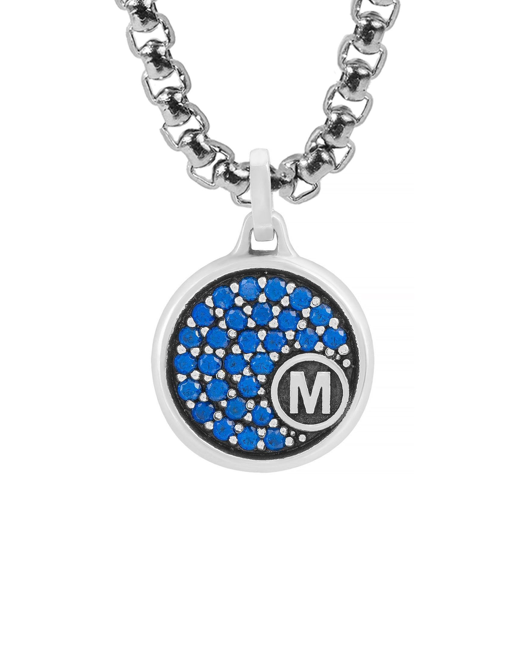 Round Silver Initial Pendant Necklace Blue Sapphire CZ