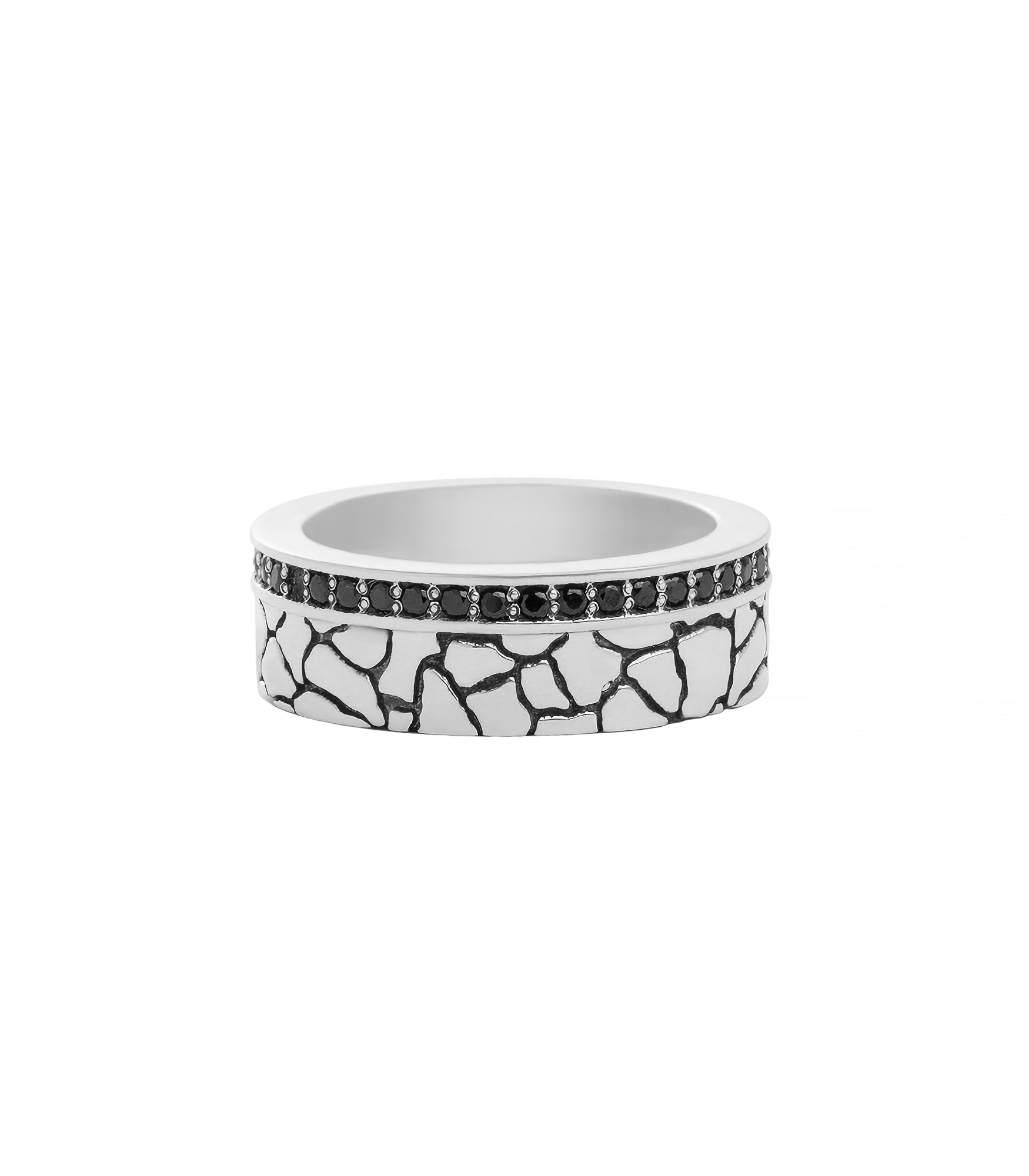 Earthy Wedding Band for Men Solid Silver Black Stones