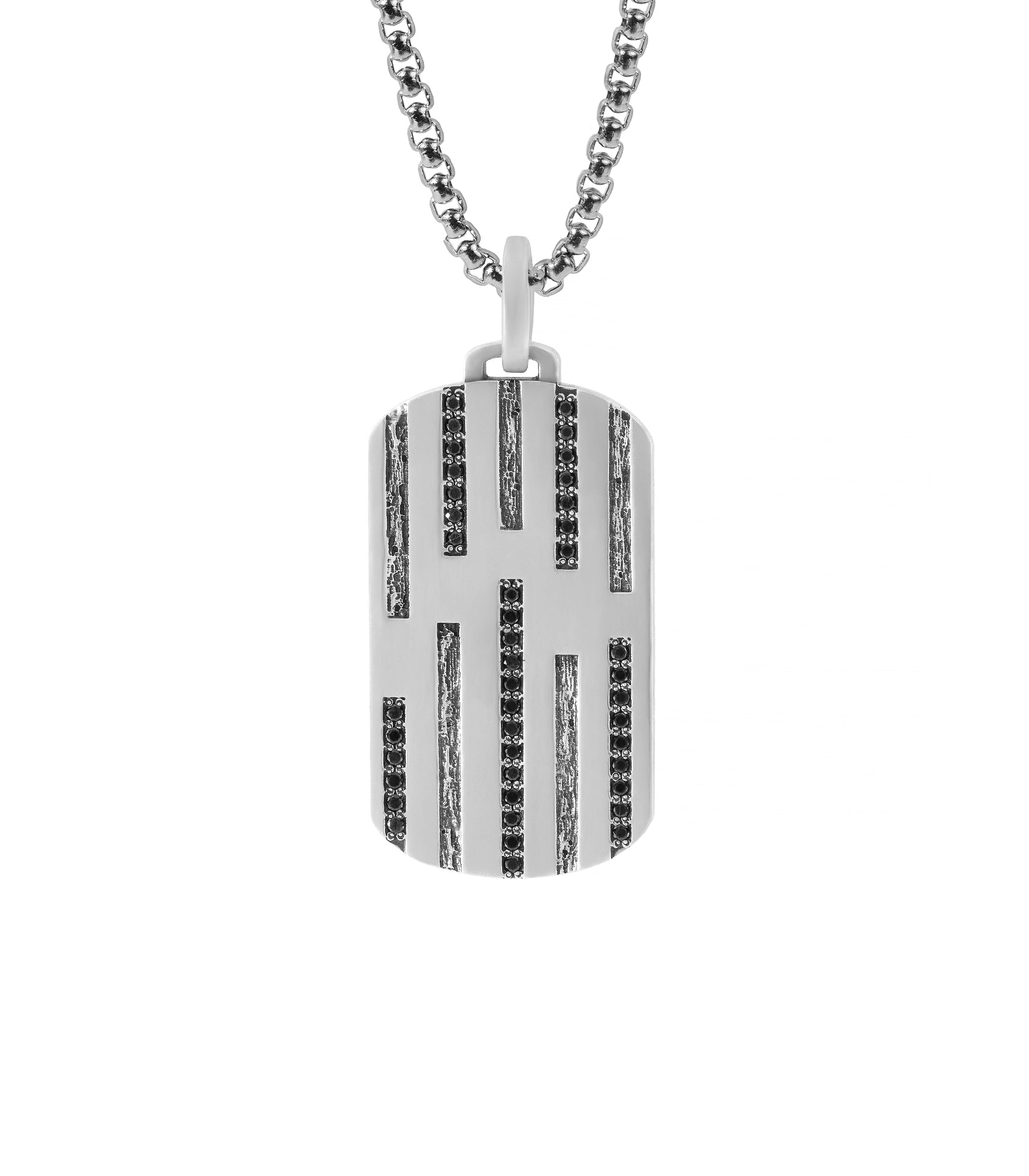 Mens Striped Silver Tag Pendant with Black Gemstones