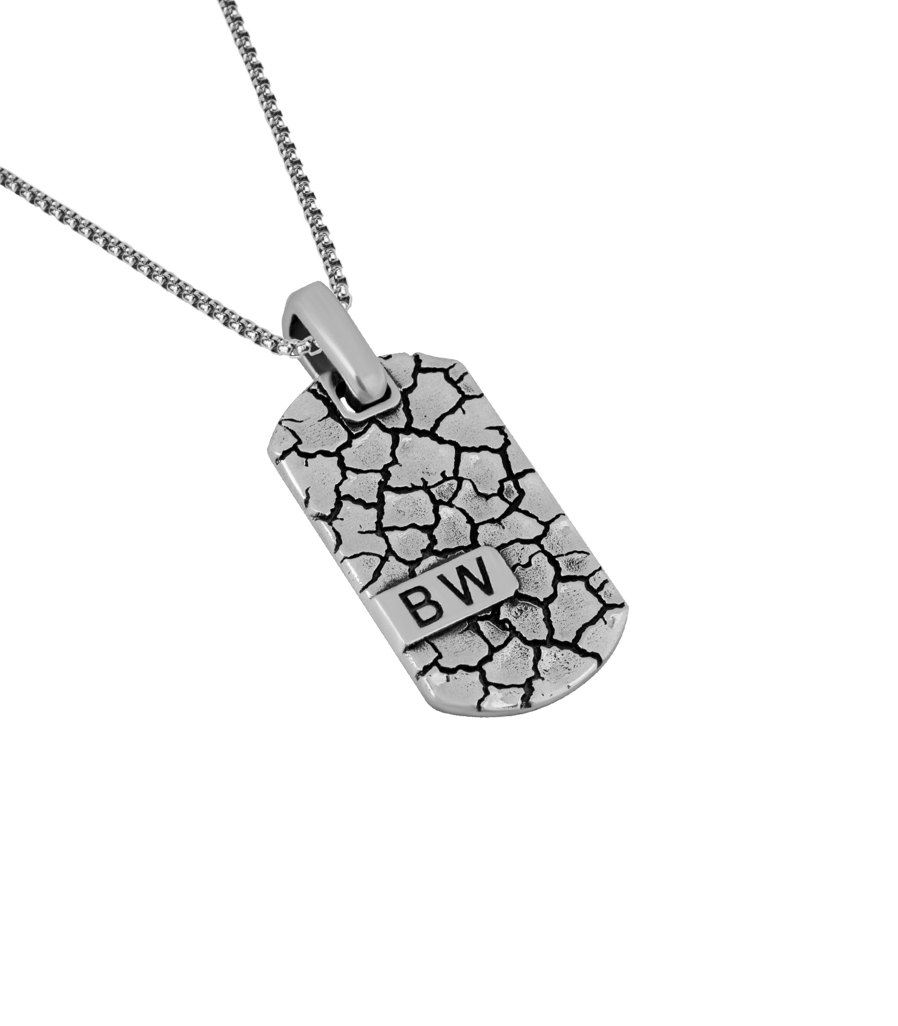 Brutal Tag Pendant with Letters Silver Cracked Relief