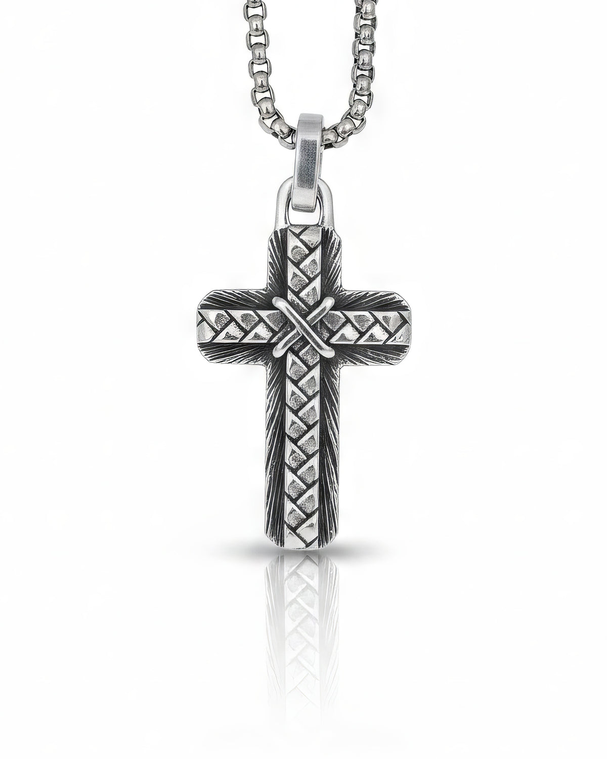 Layered Silver Cross Pendant Braided and Wood Texture