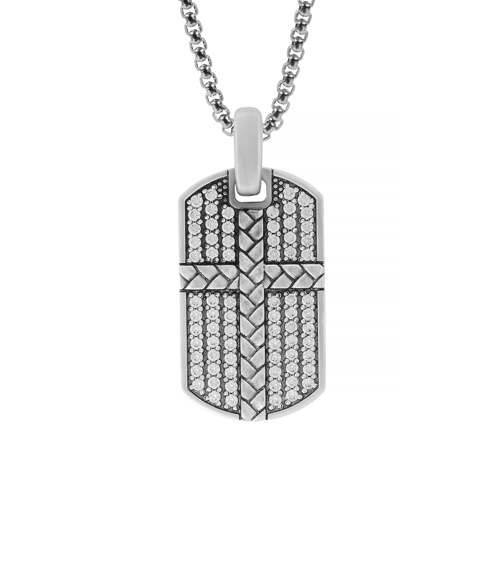 Cross Pendant Necklace Silver Dog Tag with Diamonds CZ