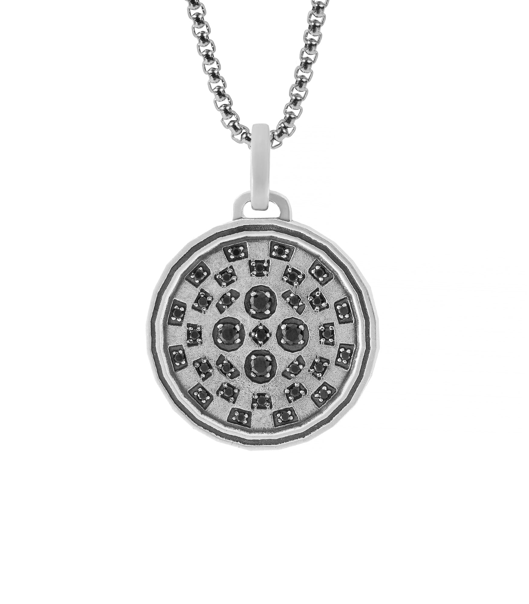 Mens Checkered Silver Round Pendant Black Gemstones
