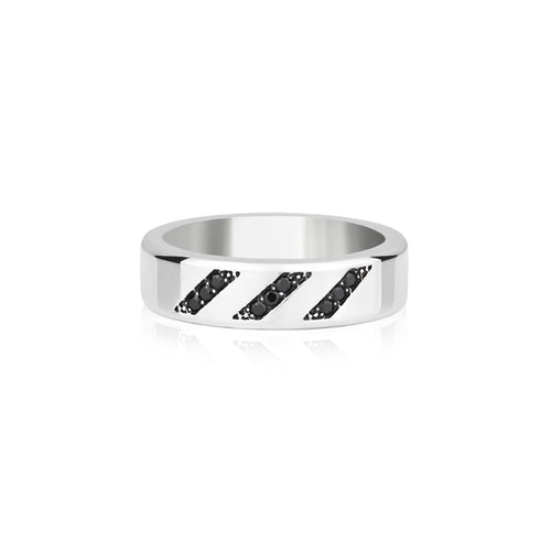 Minimalist Silver Wedding Ring Band with Black Stones