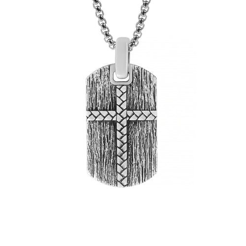 Tree Bark Texture Cross Tag Pendant Necklace Silver