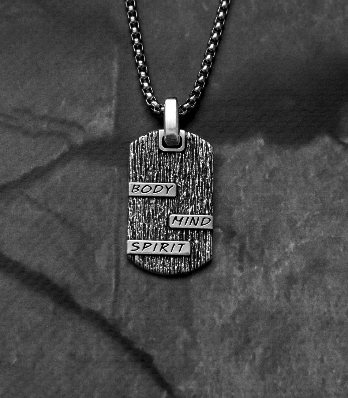 Holistic Silver Tag Necklace Tree Textured Rustic Style