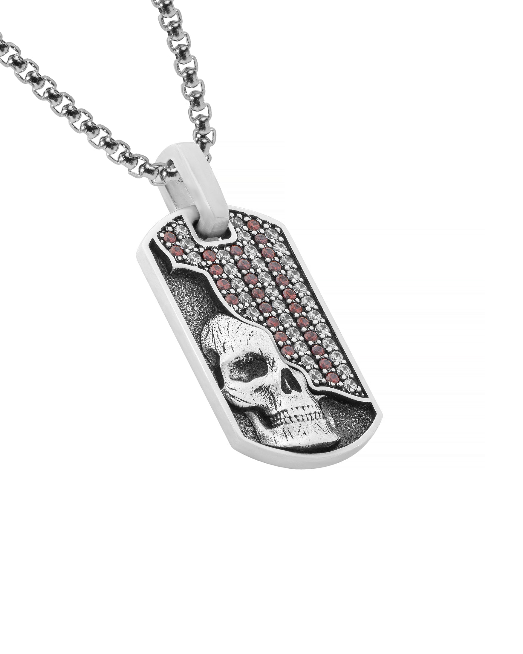 Cranium Necklace Pendant Red and White Stones Silver