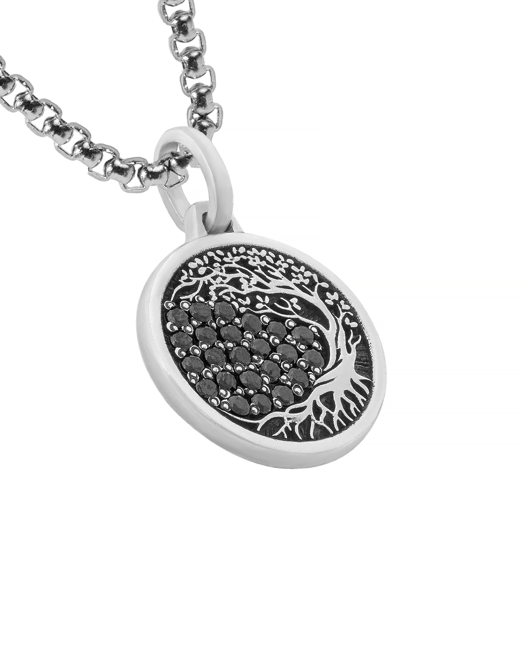 Family Tree Silver Amulet Necklace with Black Diamonds