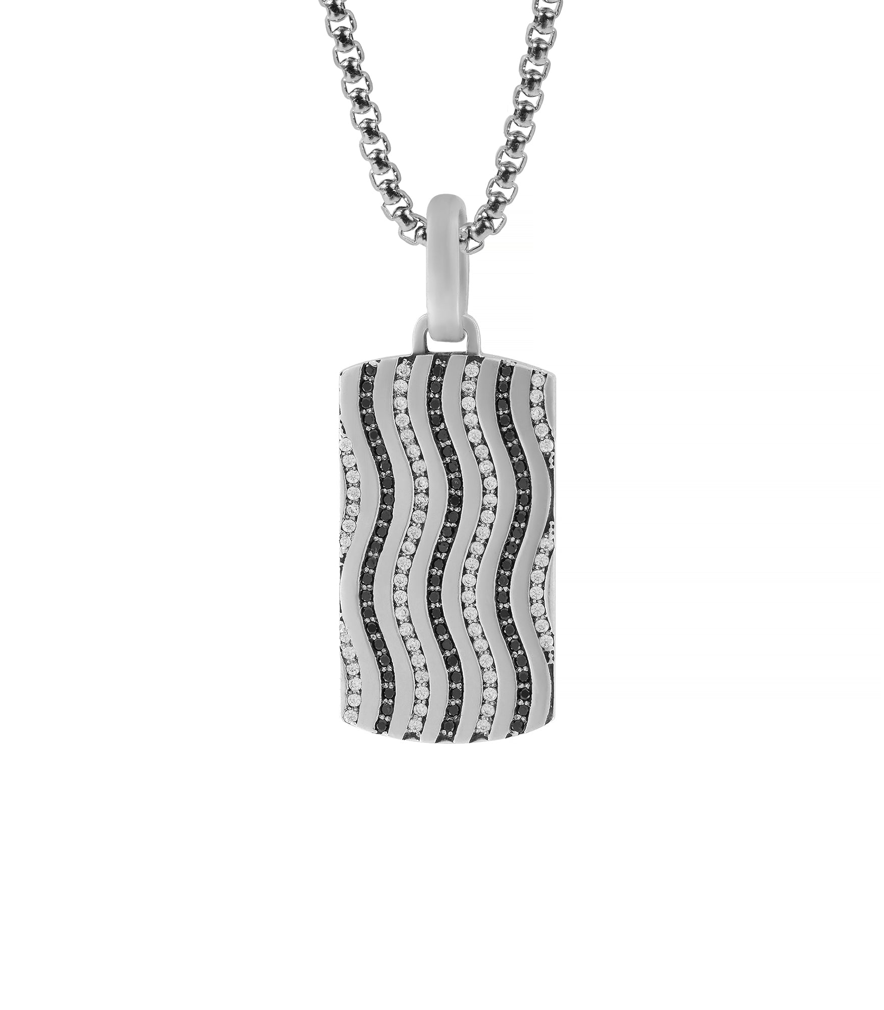 Mens Silver Wavy Design Pendant Black & White Gemstones