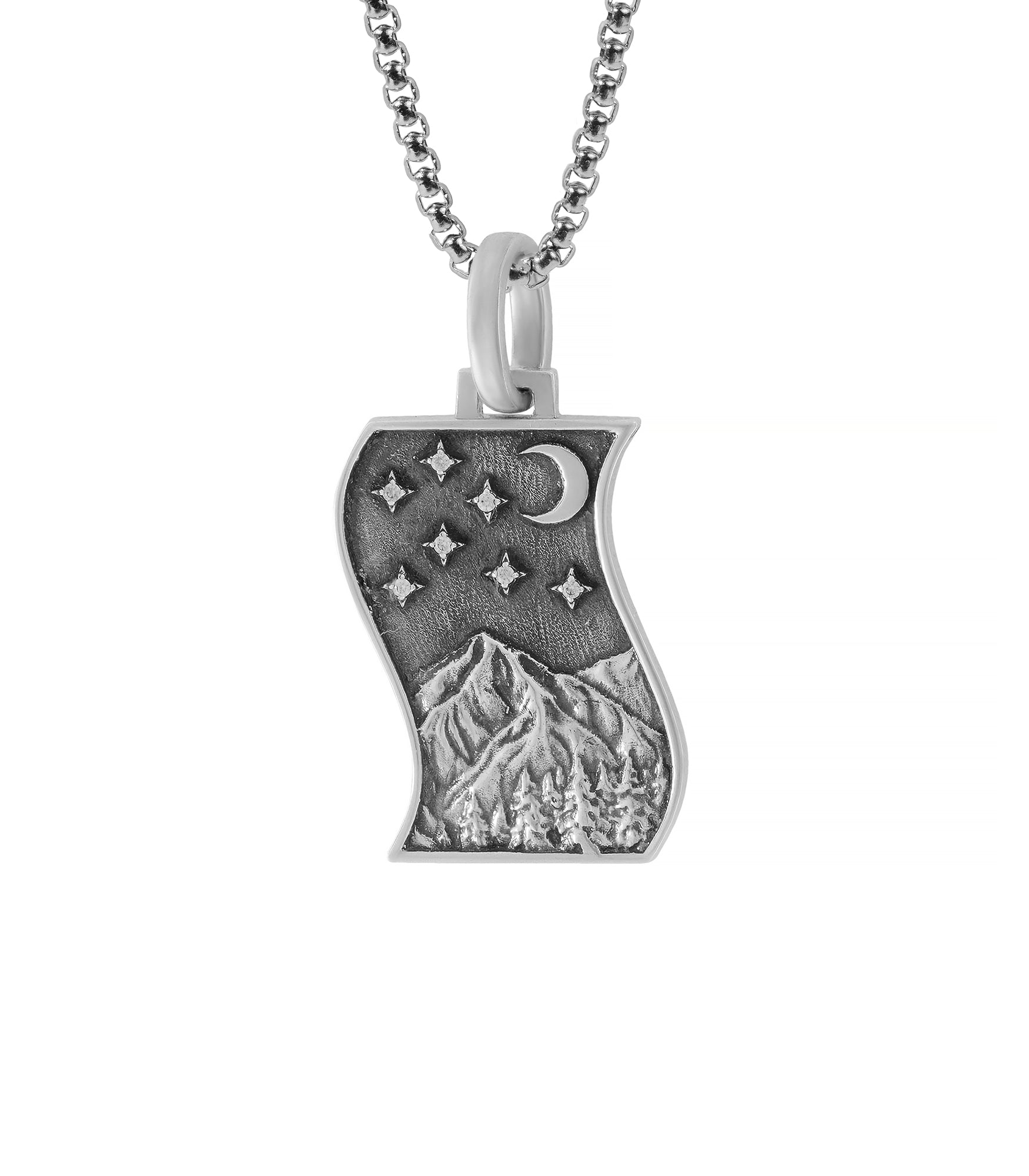 Silver Landscape Necklace with Mountain & Crescent Moon