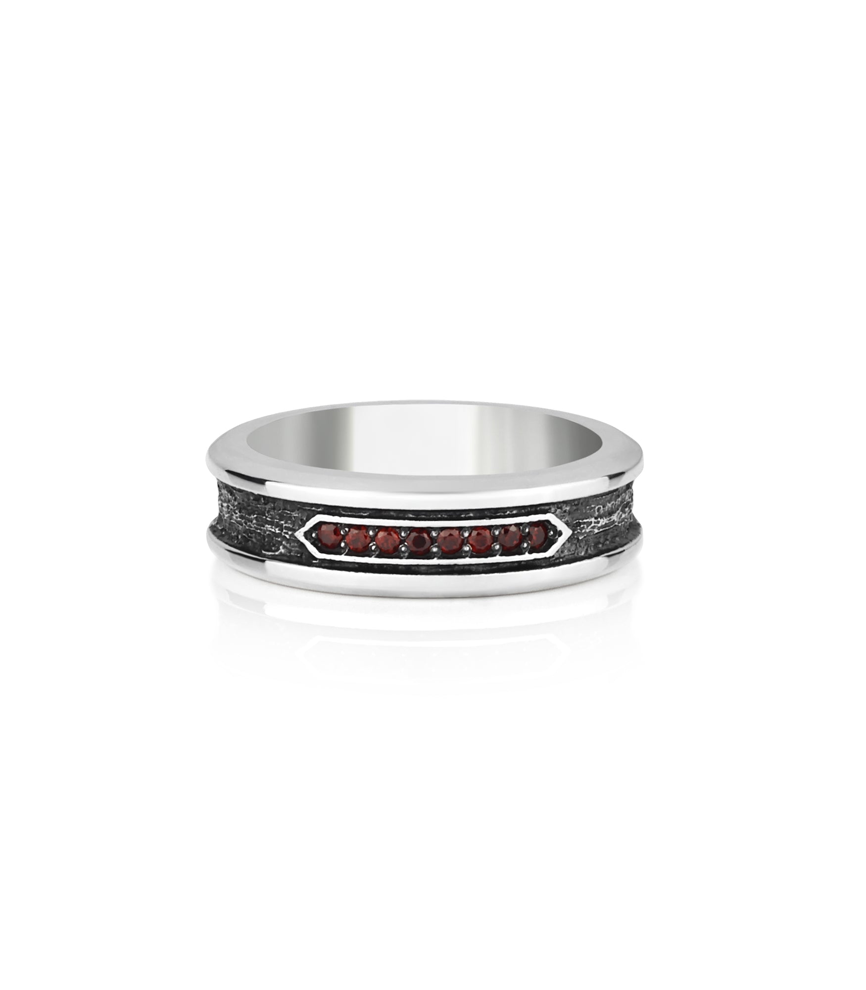Mens Hammered Silver Engagement Ring Red Stones CZ