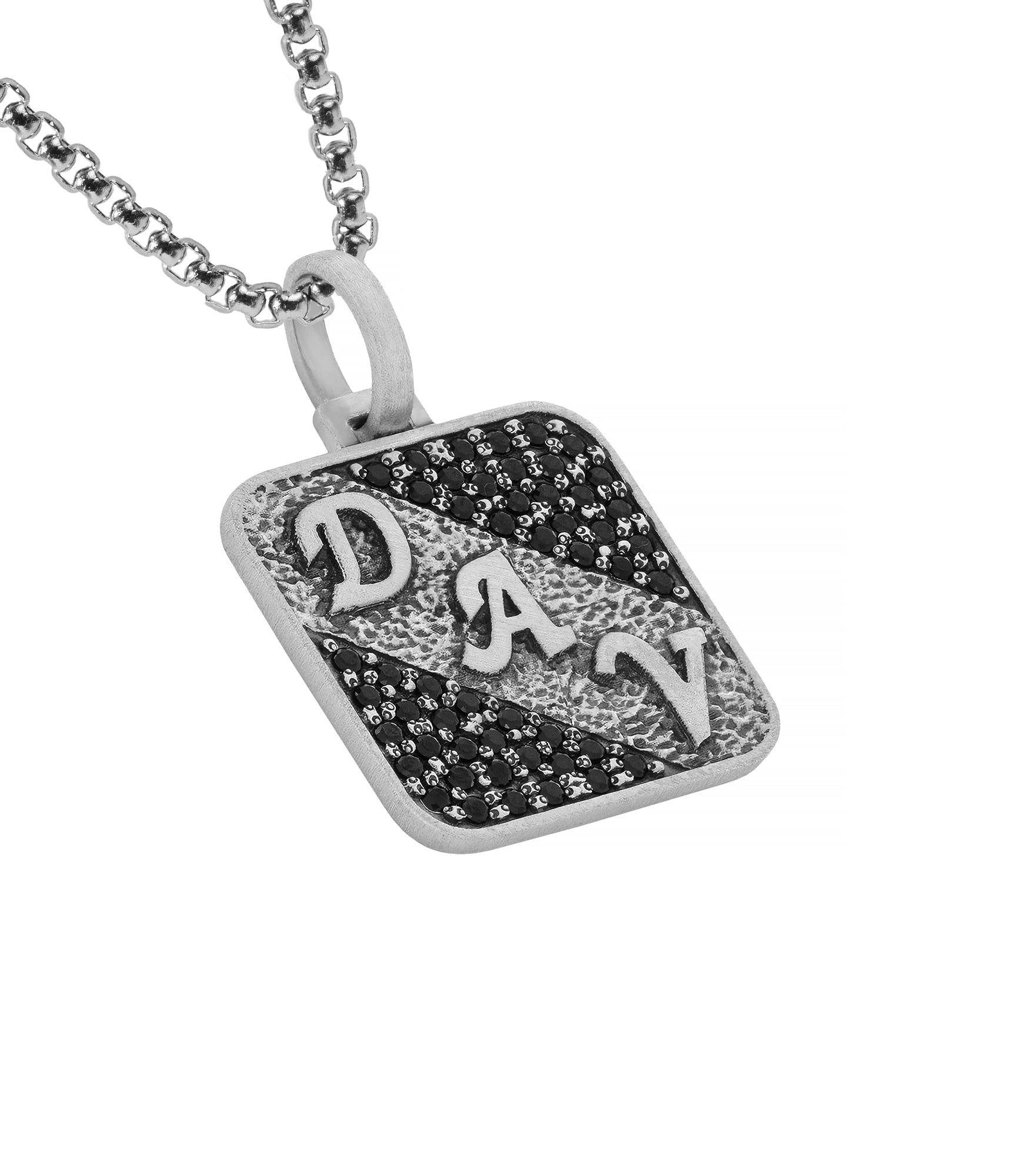 Hammered Silver Initial Tag Necklace with Black Stones