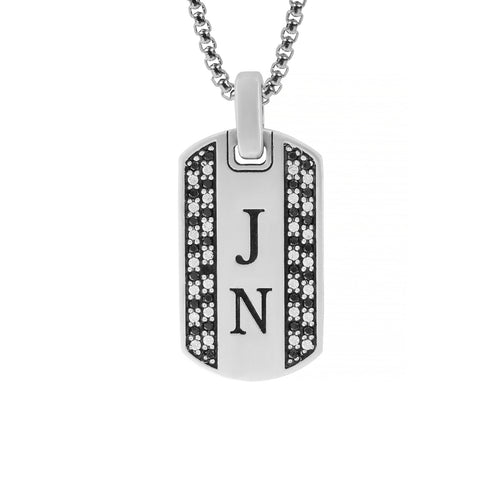 Mens Silver Initial Pendant Black and White Diamonds CZ