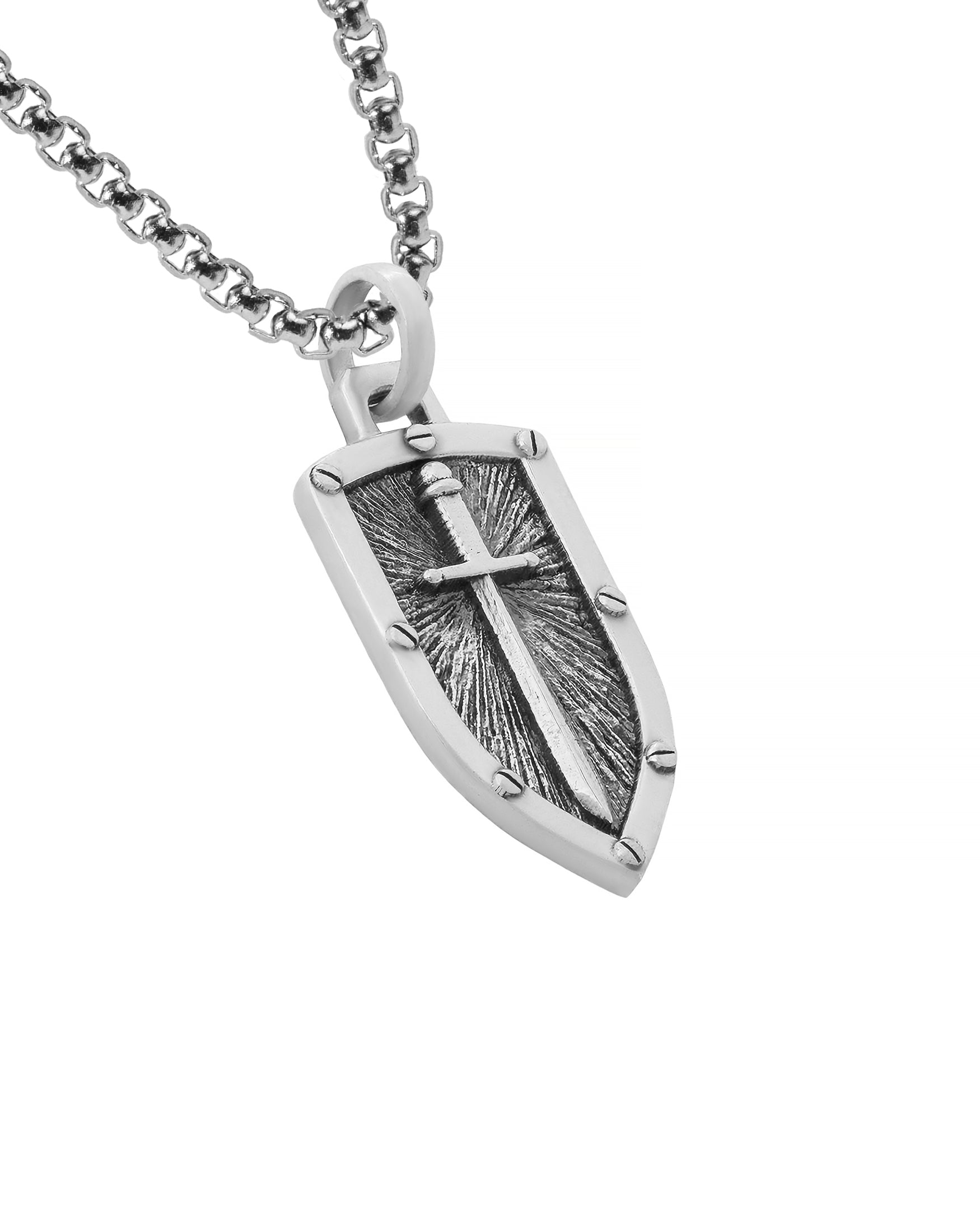 Knight's Shield and Sword Necklace Pendant Silver