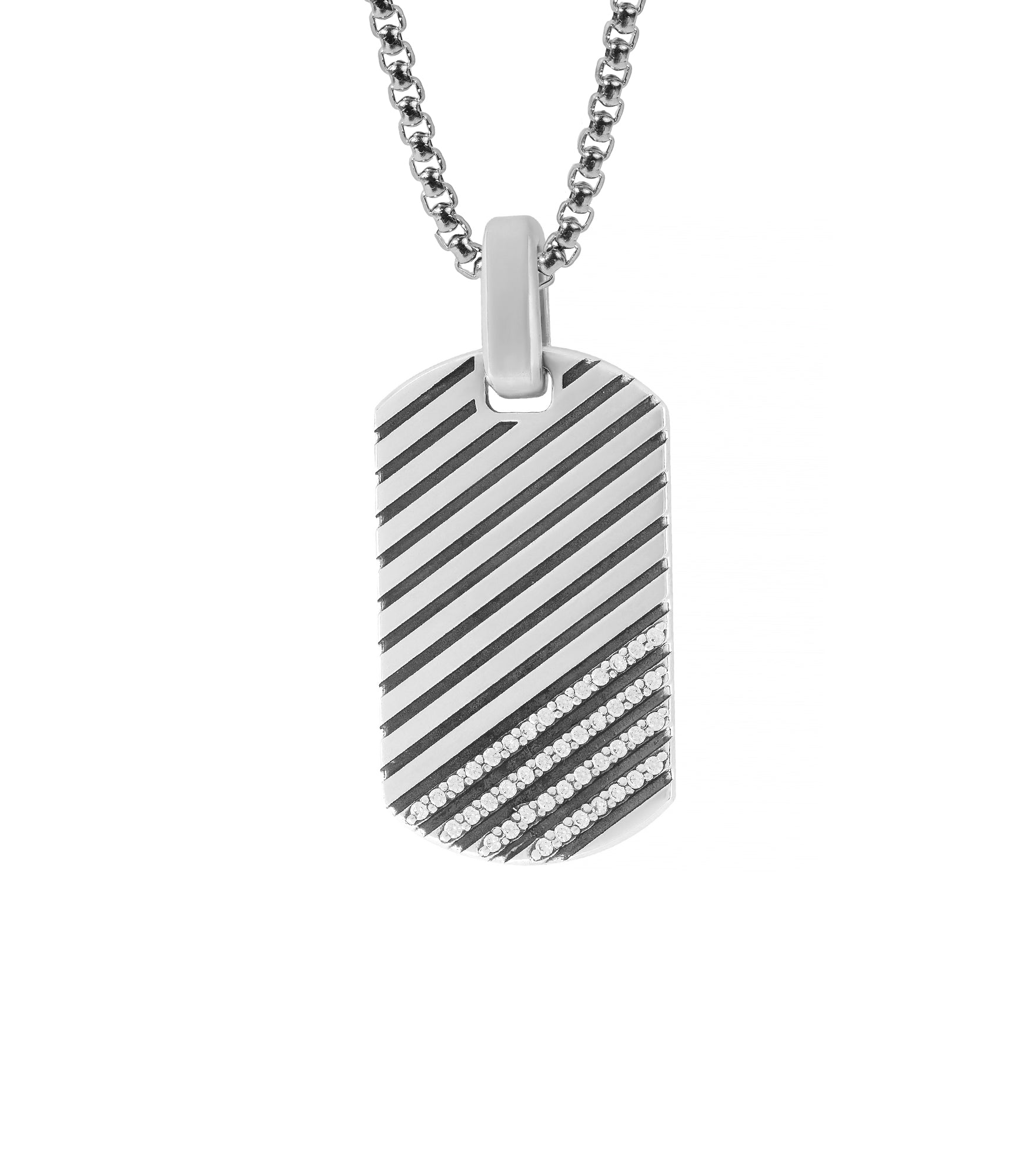 Unique Striped Silver Dog Tag Pendant with Diamonds CZ