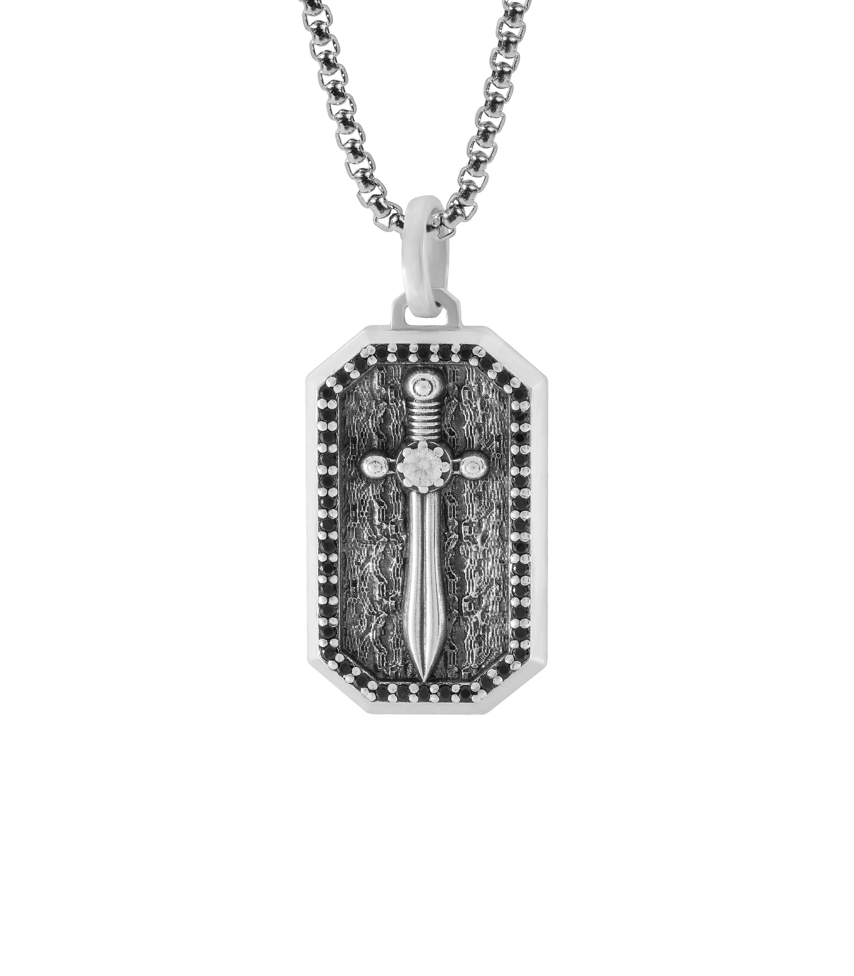 Vintage Sword Tag Pendant with Black & White Stones