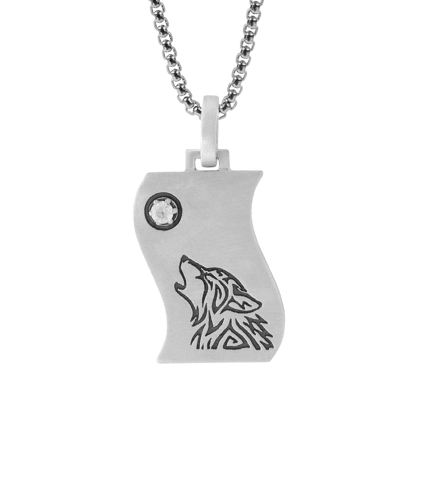 Silver Dog Tag with Engraved Wolf and Moon Gemstone