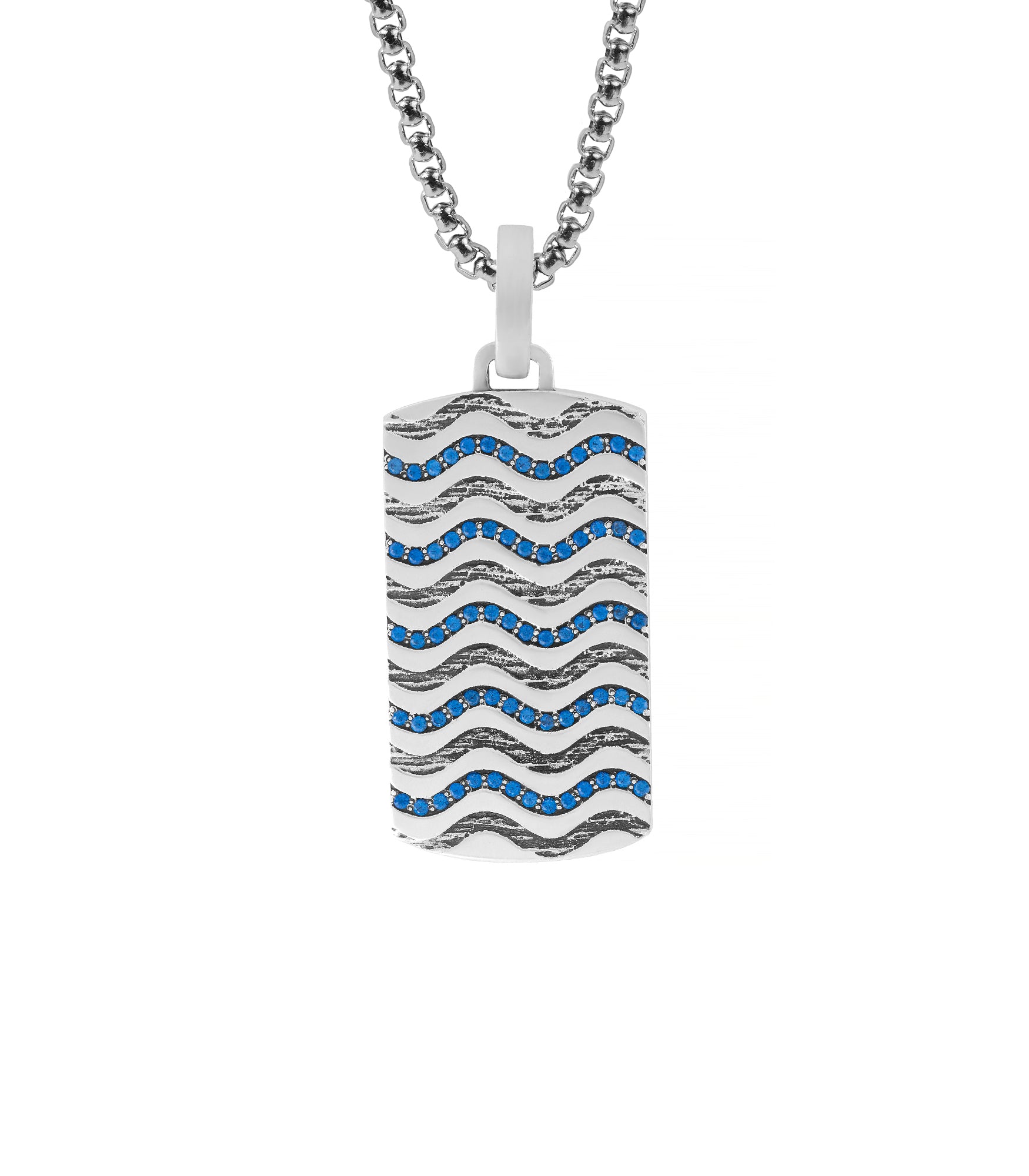 Mens Wavy Design Blue Gemstones Dog Tag Pendant Silver