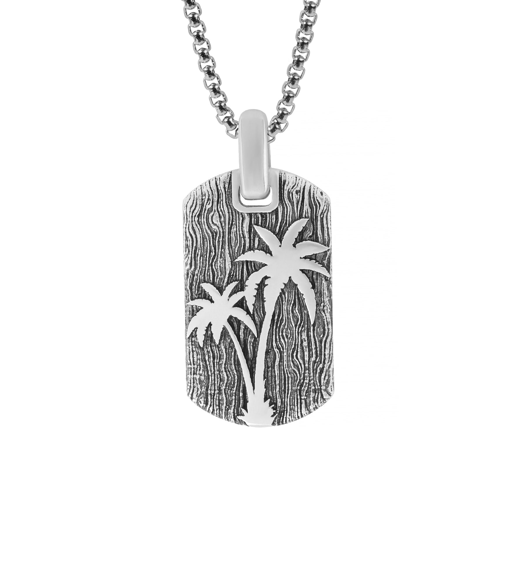 Engraved Palm Tree Silver Dog Tag Pendant for Men