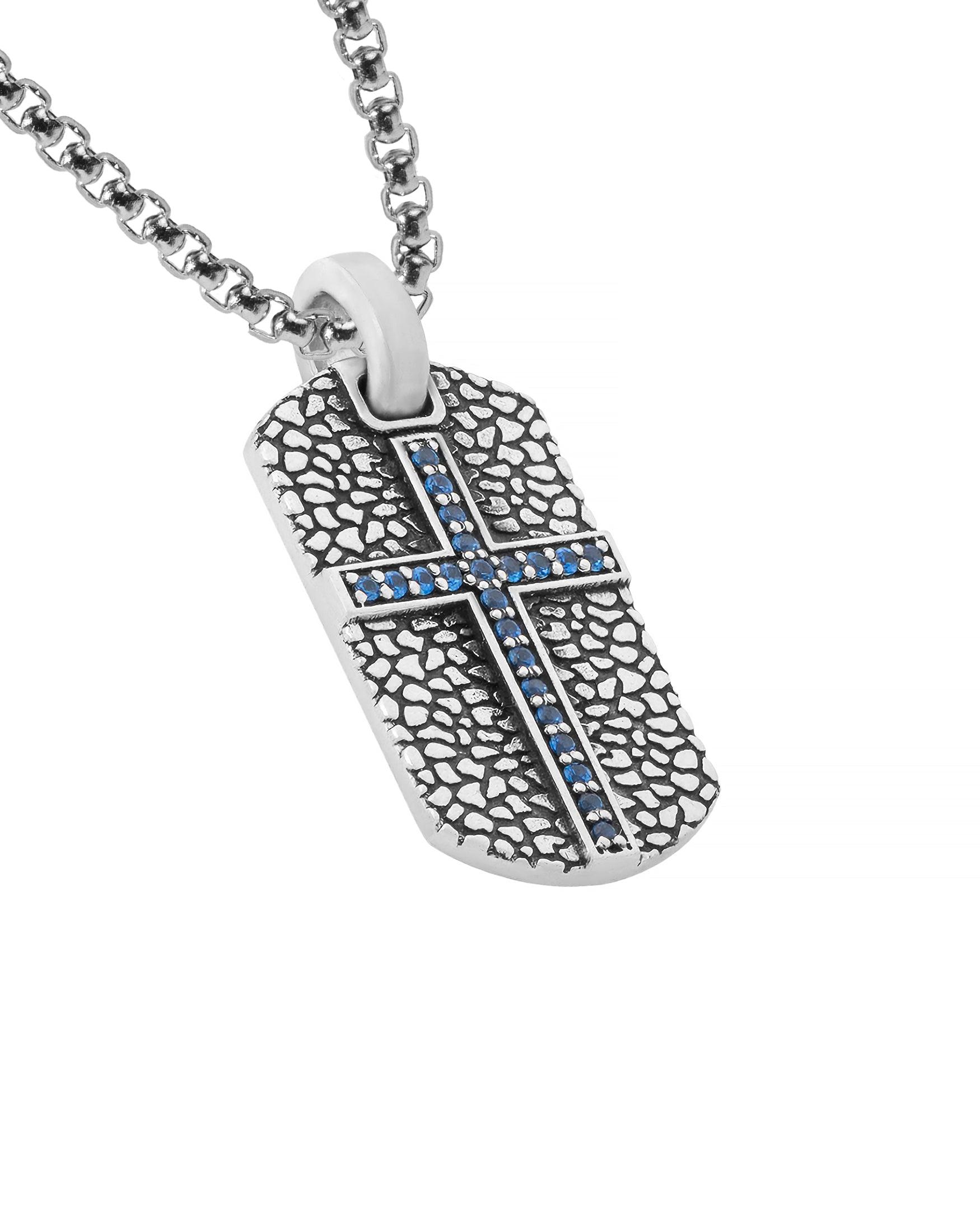 Cross Dog Tag Necklace Sapphire CZ & Cobblestone Design
