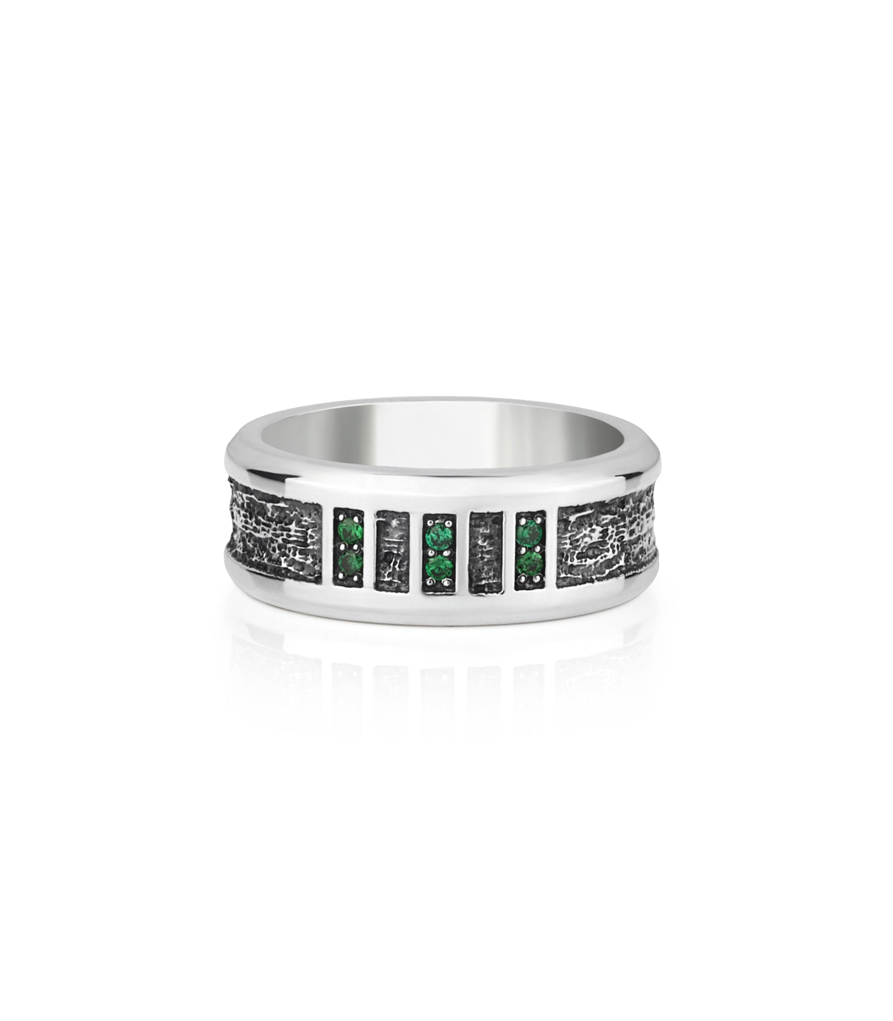 Mens Hammered Sterling Silver Ring with Emeralds CZ