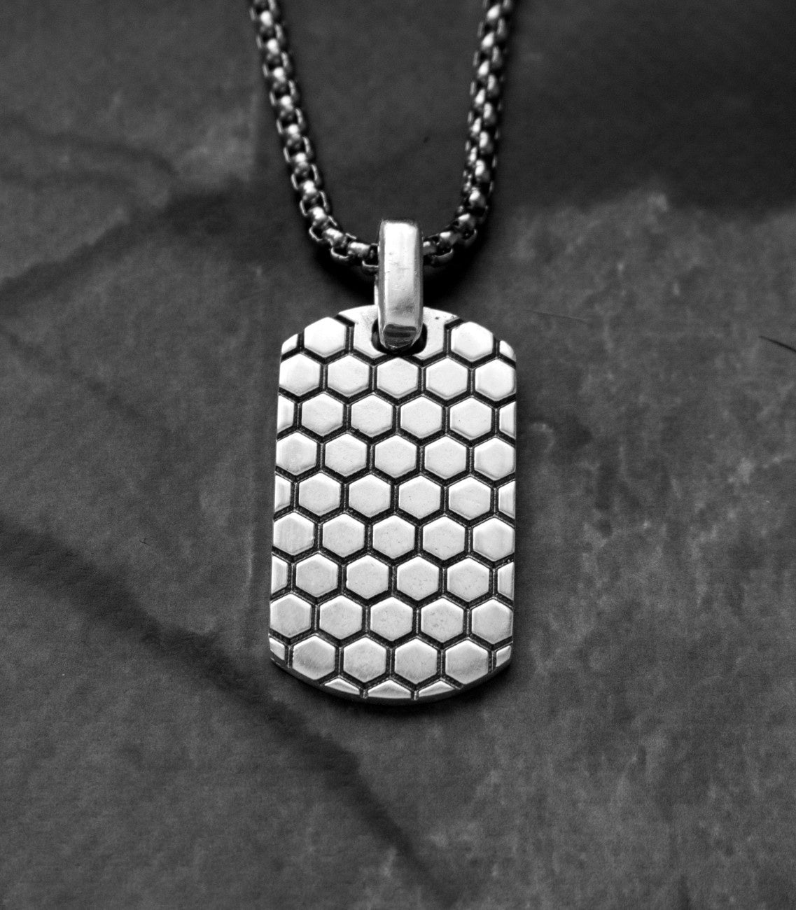 Mens Honeycomb Dog Tag Pendant Silver Minimalist Design