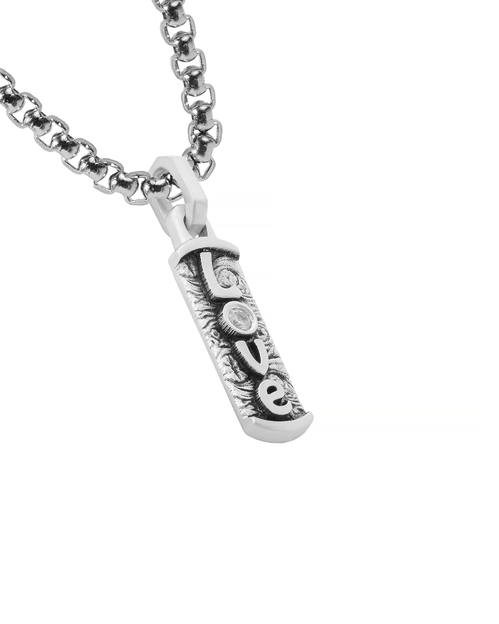 Word LOVE Small Necklace – Diamond & Patterned Silver