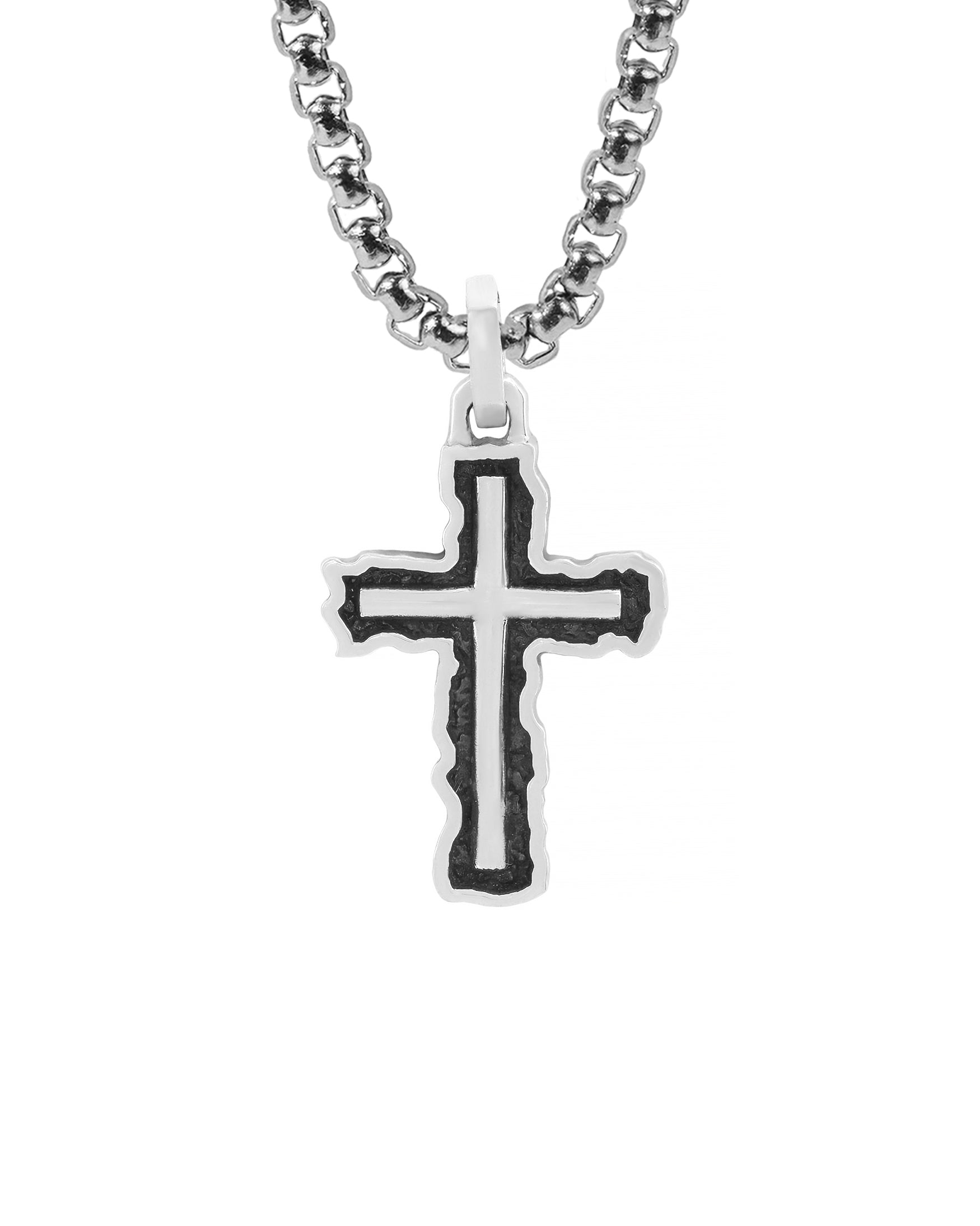 Silver Cross on Chain Necklace with Oxidized Frame