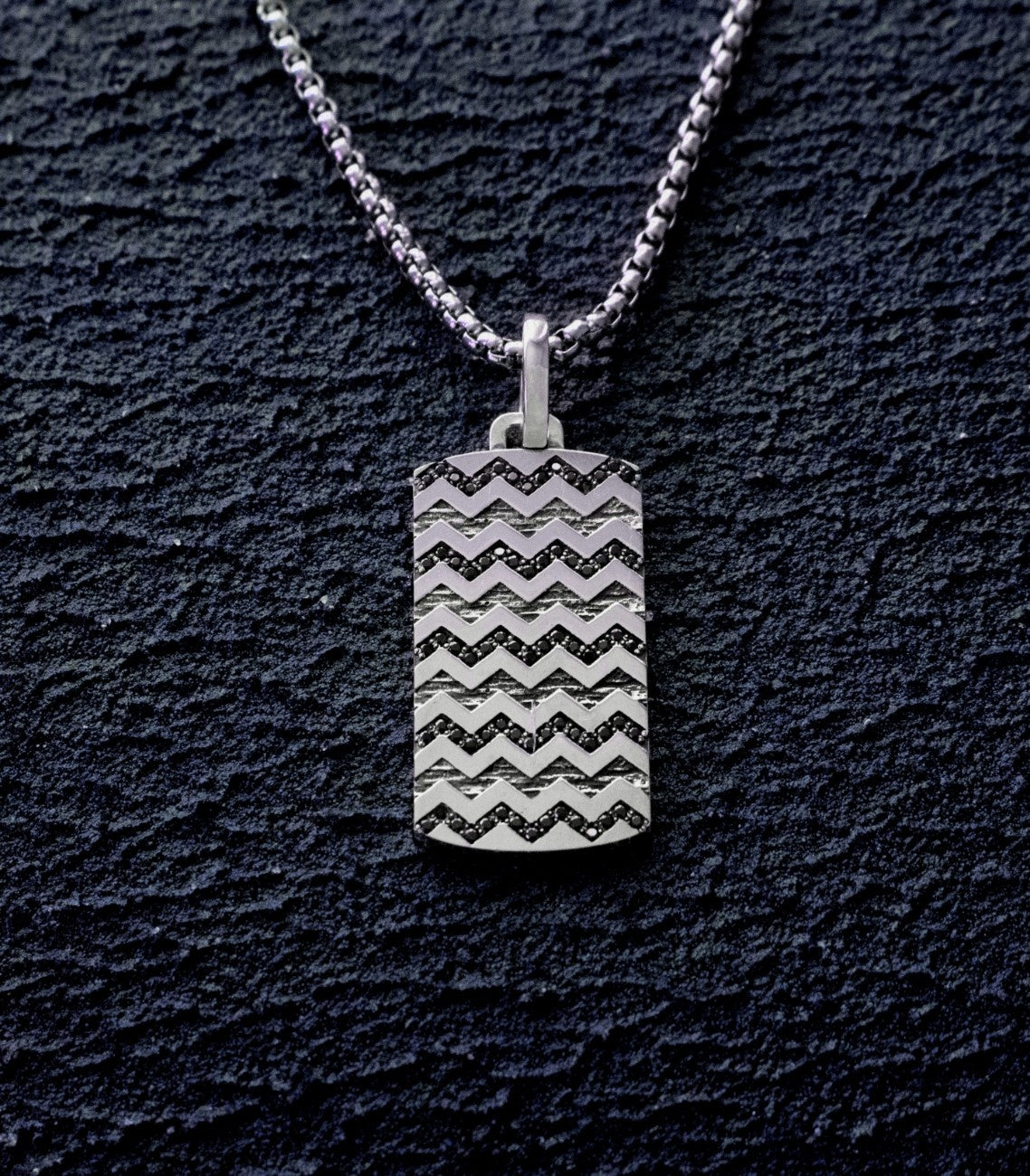 Zig Zag Silver Geometric Pendant with Black Gemstones