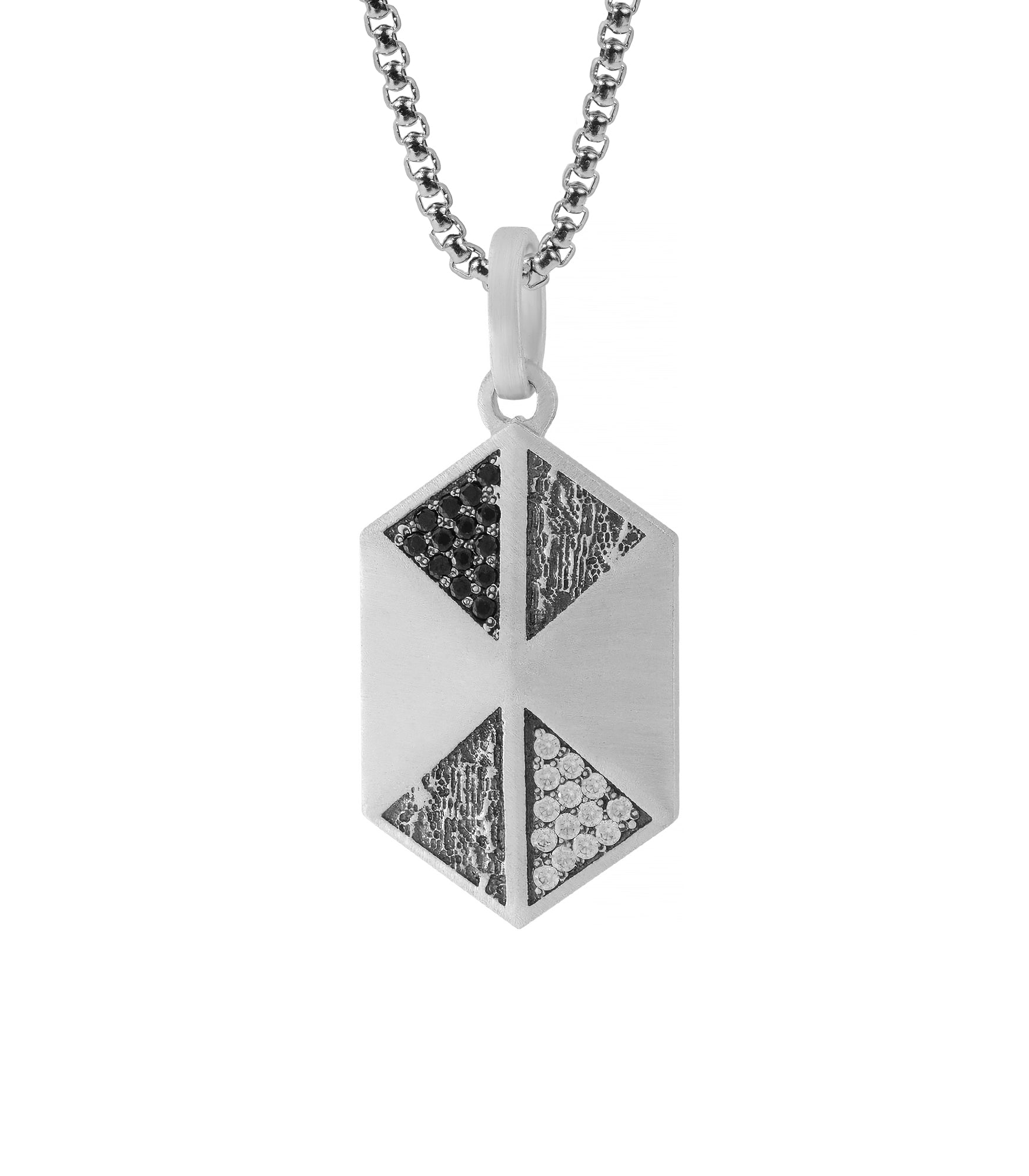 Engraved Silver Hexagon Tag Pendant Black & White Gems