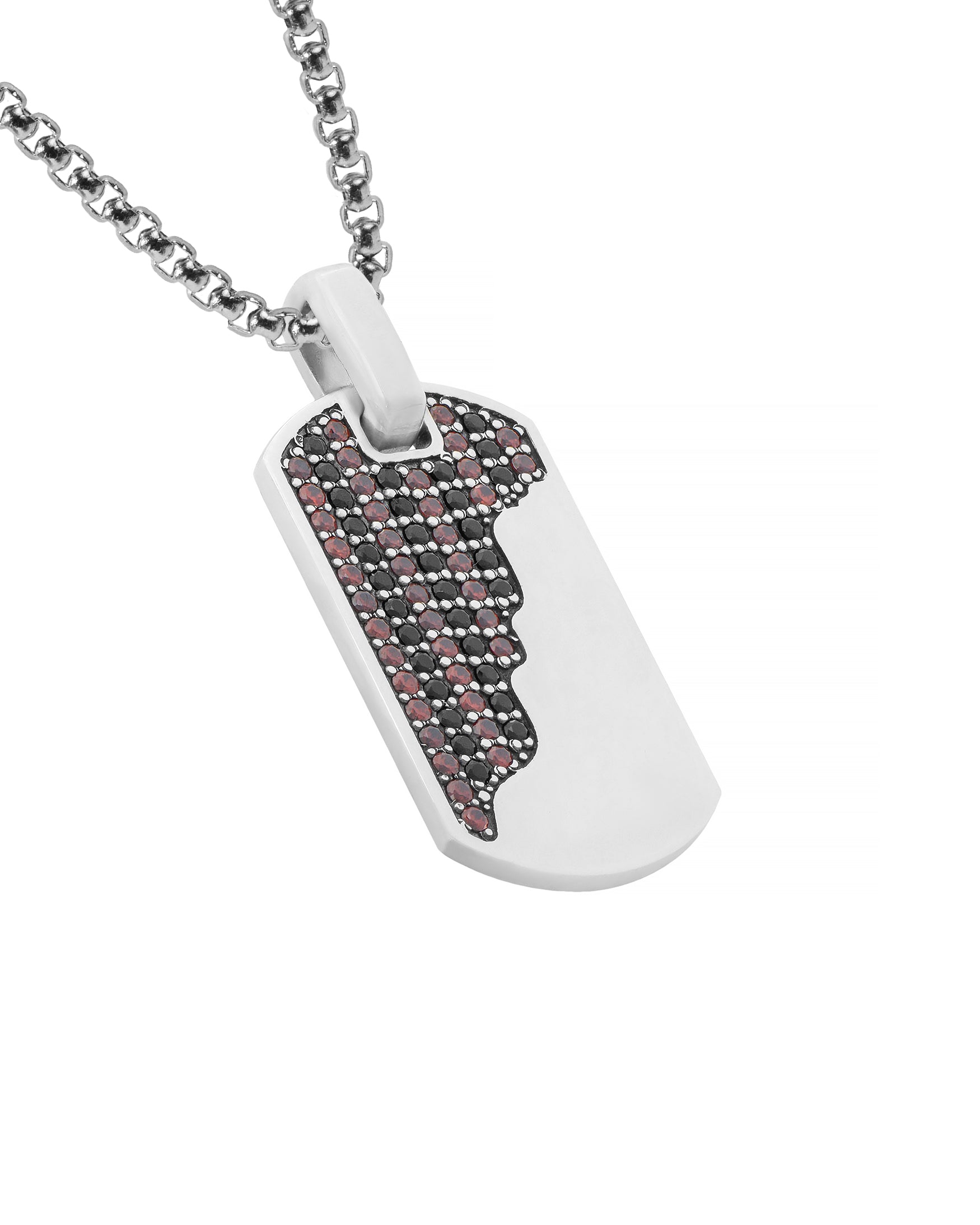 Silver Dog Tag Necklace Black & Red Stones Half Design