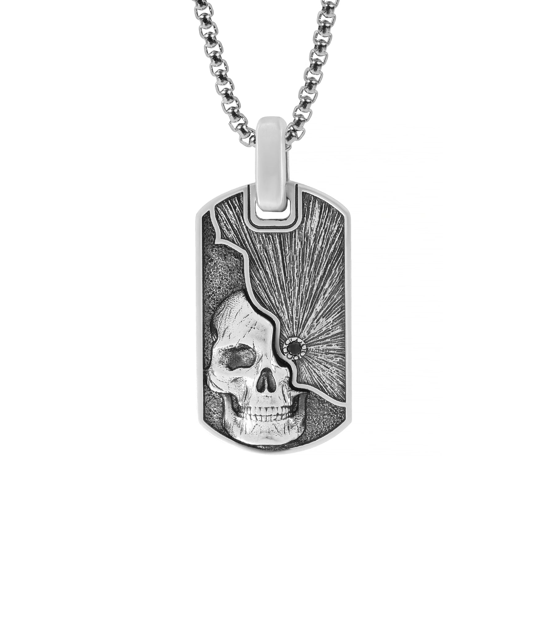 Oxidized Silver Gothic Skull Pendant with Black Diamond