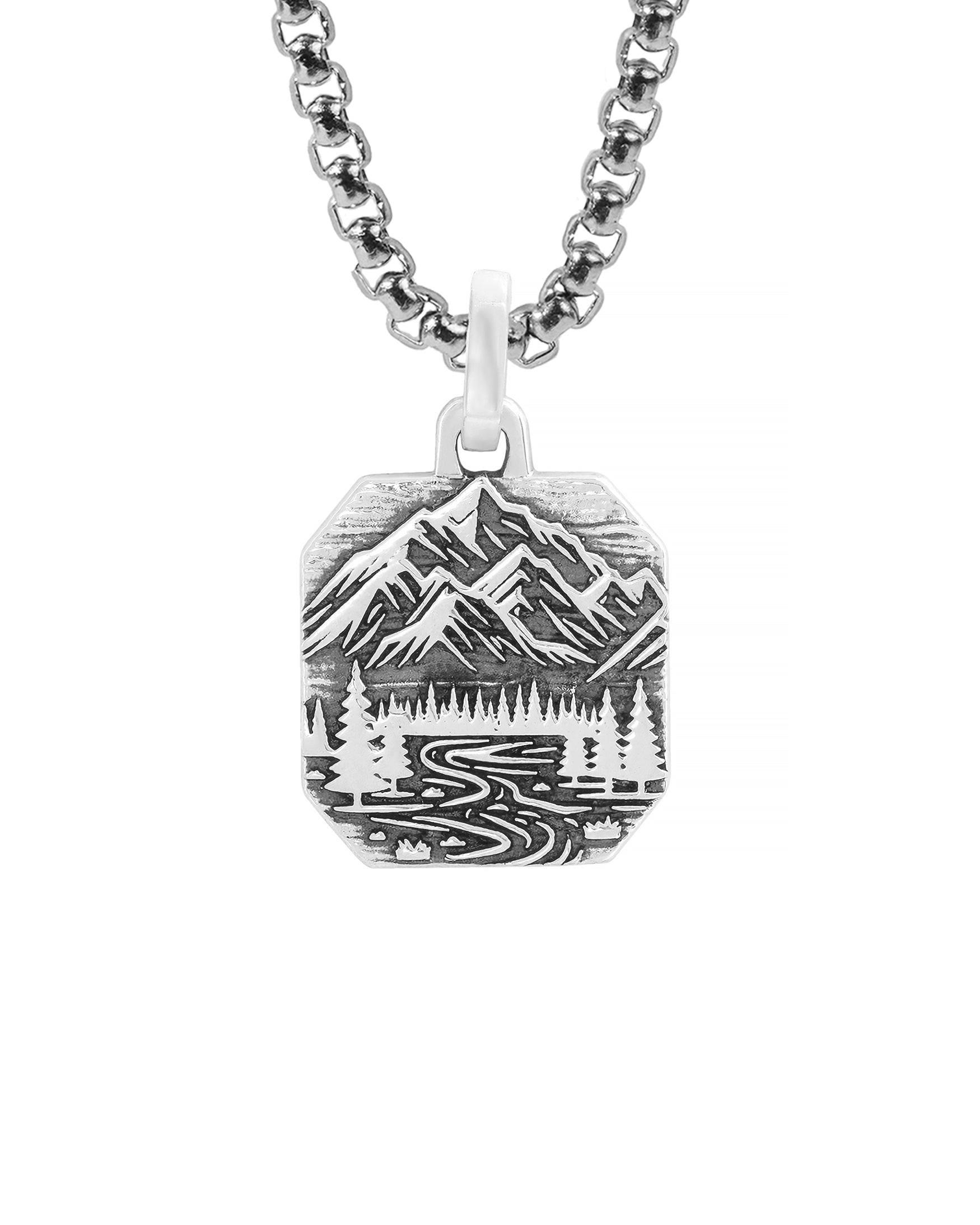 Mountain Range & Forest Silver Necklace Octagon Shape