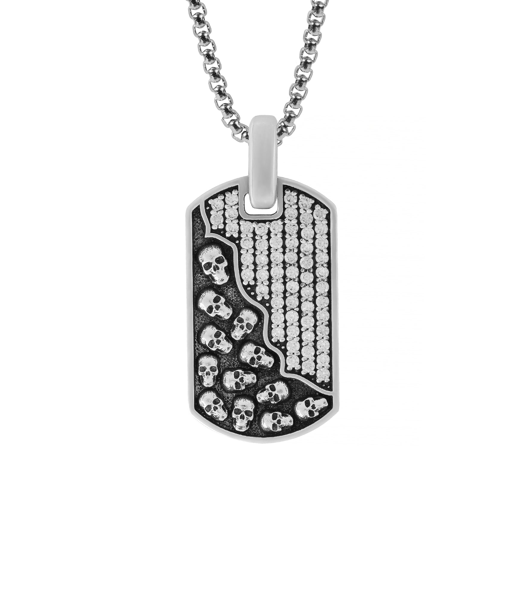 Gothic Silver Skulls Tag Pendant with White Stones