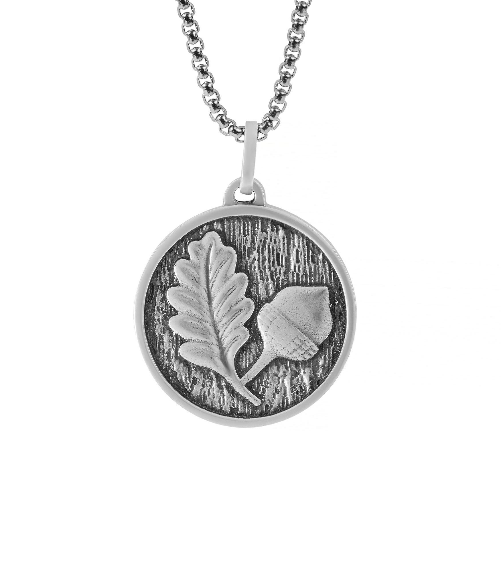 Oak Leaf and Acorn Round Amulet Necklace Silver