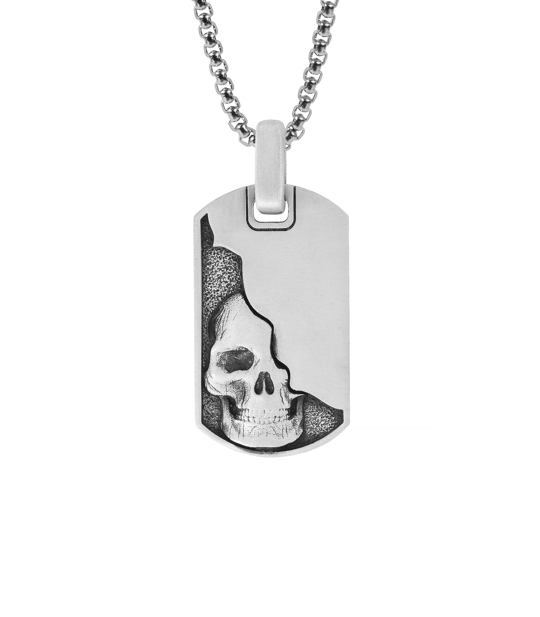 Silver Grunge Tag Pendant Large Skull and Half Design