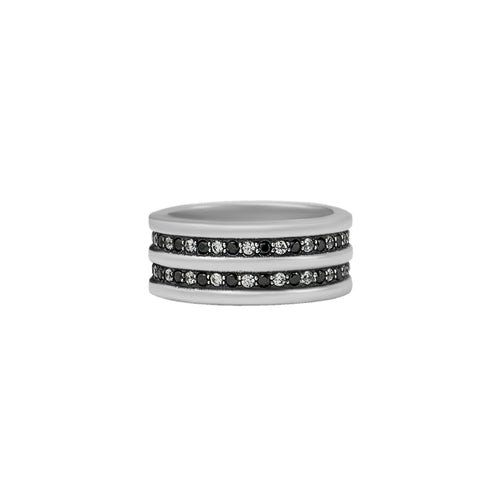 Double-Row Silver Wedding Ring Black and White Stones