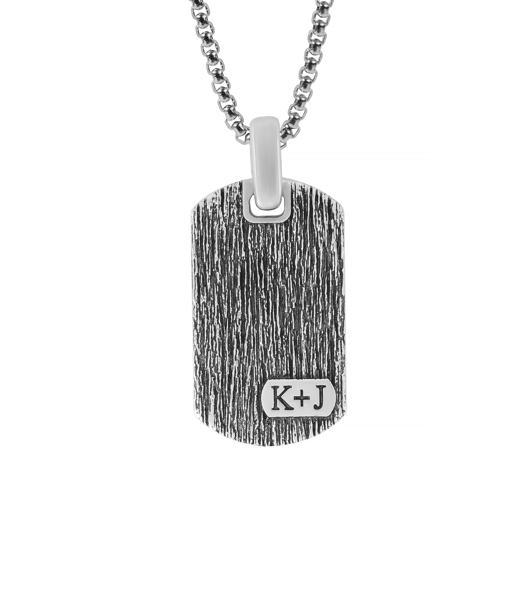 Tree Bark Textured Mens Initial Dog Tag Pendant Silver