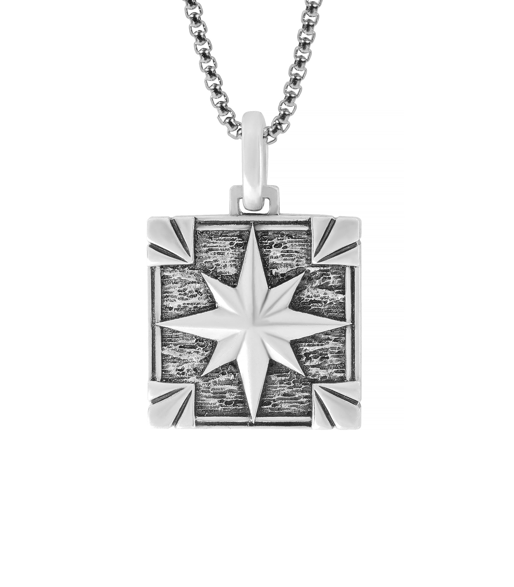 Mens North Star Square Tag Pendant Vintage Style Silver