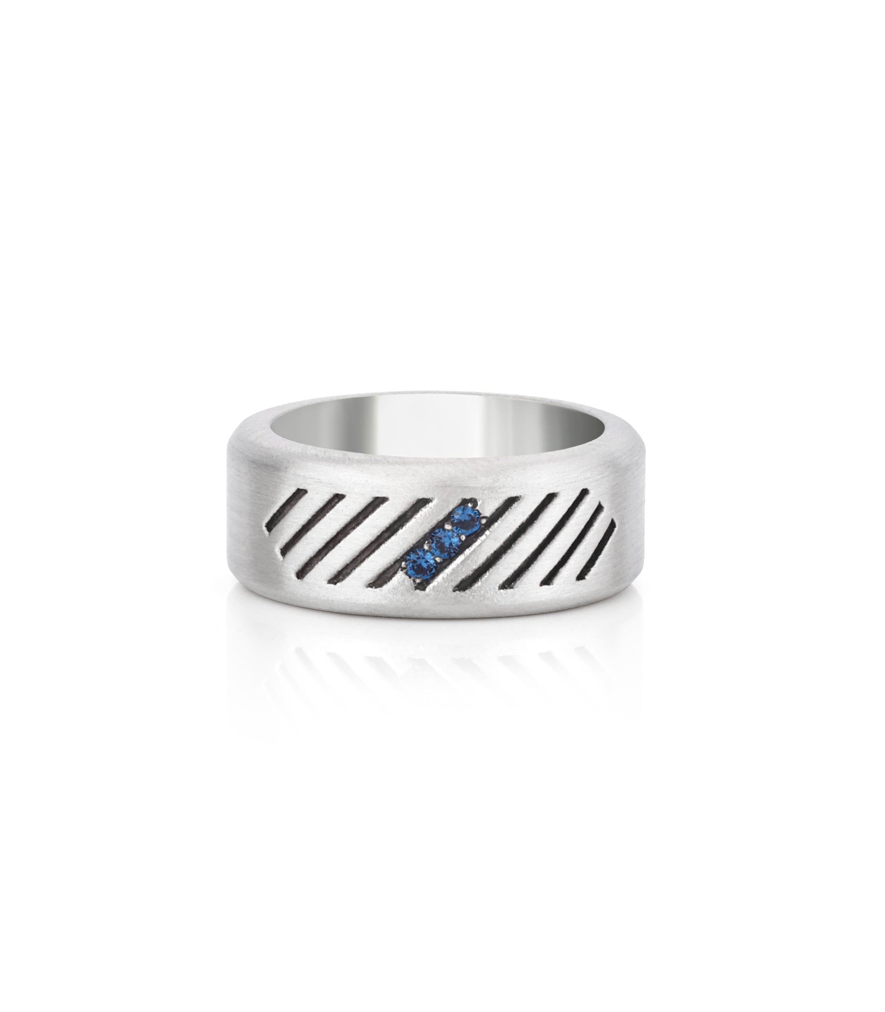 Domed Matte Silver Wedding Band Ring with Blue Stones