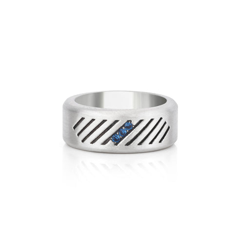 Domed Matte Silver Wedding Band Ring with Blue Stones